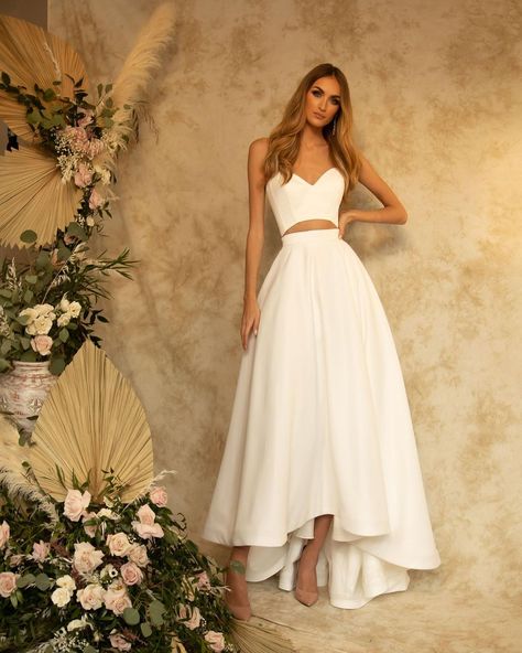 Two Peace Wedding Dresses, Crop Wedding Dress, Cropped Wedding Dress, Bride Top And Skirt, 2 Piece Wedding Dress Crop Tops, Bride Skirt And Top Two Pieces, Crop Top Gown, Chic Sleeveless Wedding Crop Top, Crops Bride