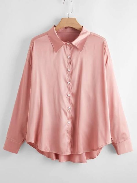 Plus Button Up High Low Satin Blouse | SHEIN USA Kimono Shirt, Elegant Color, Pink Pattern, Designs For Dresses, Satin Blouse, Plus Size Blouses, Dress Ideas, Style Elegant, Dusty Pink