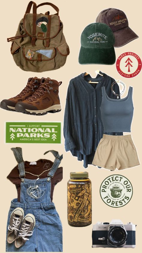 Granola girl outfit inspo collage, vintage film camera, Nalgene water bottle, overall, brown cropped shirt, brown converse, tan cloth shorts, blue tank top, blue flannel, national park hats, granola girl backpack, leather, hiking boots, aesthetic hiking boots, national park stickers Summer Camp Aesthetic Outfits, Camping Aesthetic Outfits, Granola Girl Aesthetic Outfits, Summer Camp Outfits, Granola Girl Outfits, Granola Outfits, Granola Style, Camping Outfits For Women, Cute Hiking Outfit