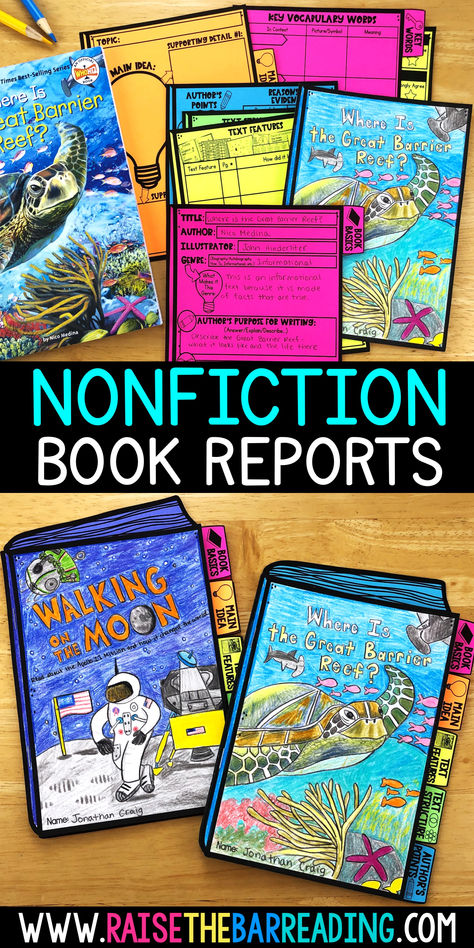 These tab books are a super engaging way to make nonfiction book report writing meaningful and fun! Skills covered include main idea and supporting details, nonfiction text strucuture, nonfiction text features, author's point of view, summarizing, and more. A low prep, printable activity that is great for independent or group work with students in grades 3, 4, 5 or 6. Use for any informational text or nonfiction reading passage. Informative Text Writing, Nonfiction Book Report Template, Second Grade Book Report, Library Activities For 3rd Graders, Third Grade Book Reports, Grade 2 Writing Projects, Creative Book Report Ideas Elementary, Main Idea Activities 3rd, Book Report Projects Elementary