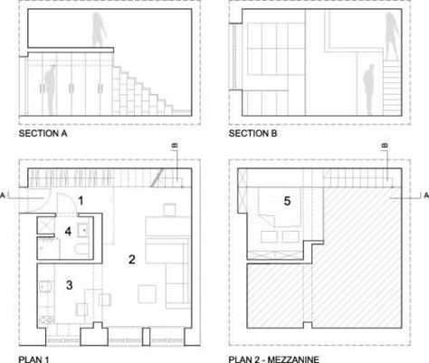 312ft2 apartment with a semi-mezzanine - Living in a shoebox Mezzanine Floor Plan, Smart Apartment, Tiny Loft, Mini Apartments, Mini Loft, Micro Apartment, Urban Apartment, Apartment Floor Plan, Small Loft