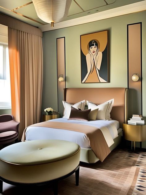 Art Deco Flat Interior Design, Luxe Hotel Bedroom, Modern Art Deco Bedroom Ideas, Bedroom Paint Ideas Color Schemes, Art Deco Hotel Room, Art Deco Modern Interior, Hotel Room Design Luxury, Art Deco Bedroom Design, Contemporary Art Deco Interior