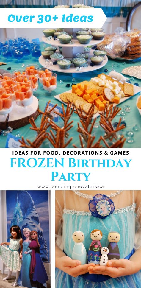 Frozen Birthday Menu Ideas, Frozen Party Food Ideas Meals, Elsa Birthday Food Ideas, Elsa Food Ideas, Frozen Theme Party Food Ideas, Cheap Frozen Birthday Party, Frozen Birthday Party Ideas Food, Elsa Birthday Food, Elsa And Olaf Birthday Party