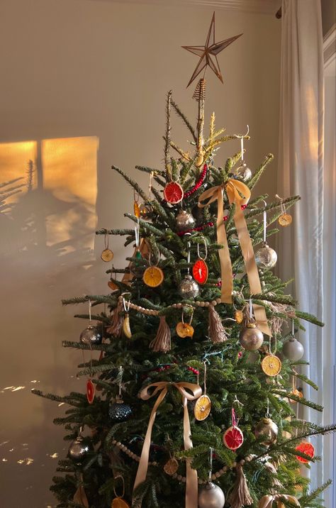 Natural Christmas Tree Decor Ideas, Cheap Christmas Tree Makeover, Yule Themed Christmas Tree, Christmas Tree Homemade Decorations, Christmas Tree Natural Rustic, Naturally Decorated Christmas Trees, Live Christmas Tree Decorations, Natural Earthy Christmas Decor, Natural Tree Decor