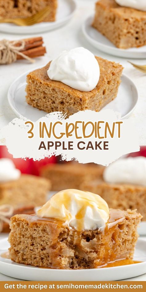 This easy 3-ingredient apple cake is perfect for fall! Made with spice cake mix, apple pie filling, and eggs, it’s a simple recipe that delivers warm, cozy flavors in every bite. If you're craving a dessert that's both quick and delicious, this is the one for you. I’ve tested it multiple times and recommend using Duncan Hines spice cake mix for the best results. Check out the full blog post for detailed instructions and tips to make this your go-to fall dessert. Easy No Bake Apple Desserts, 1 Ingredient Desserts, Butter Pecan Cake Mix With Apple Pie Filling, 2 Ingredient Fall Dessert, Cake Mix 3 Eggs And Pie Filling, Apple Pie Filling Cake Mix 3 Ingredients, Spice Cake Apple Pie Filling, Quick Apple Cake Easy Recipes, 3 Ingredient Apple Spice Cake