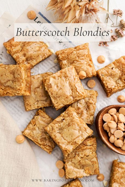 These butterscotch blondies are super simple to whip up and only require a handful of ingredients. They are rich, buttery, chewy and are studded with butterscotch and white chocolate chips! Butterscotch Blondies Recipe, Butterscotch Brownies, Butterscotch Blondies, Blonde Brownies, Square Recipes, Blondies Recipe, Blondie Brownies, Butterscotch Chips, Brownie Cake