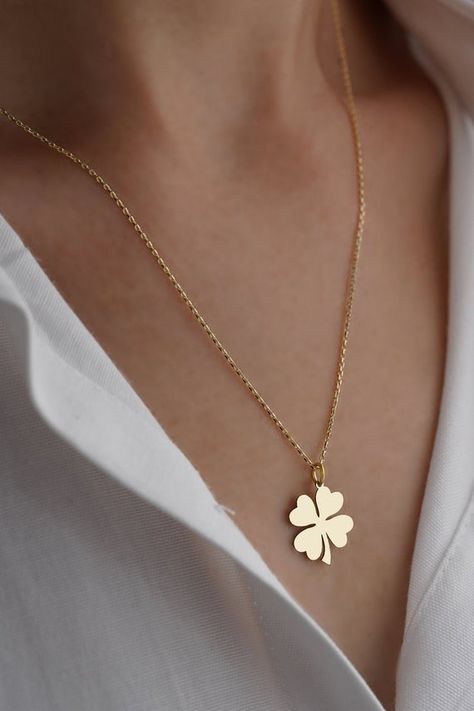 Gold Earing, Gold Four Leaf Clover, Cat Necklace Gold, Tiny Necklace, Clover Jewelry, Memorial Pendant, Four Leaf Clover Necklace, Clover Charm, Clover Necklace