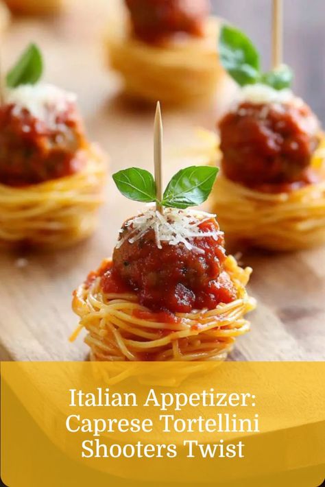 Tiny bites of spaghetti and meatballs, a fun Italian finger food for party appetizers. Spaghetti Meatball Appetizer, Mini Italian Skewers, Mini Italian Appetizers, Italian Party Appetizers For A Crowd, Fall Italian Appetizers, Italian Food Ideas Parties, Small Finger Foods For Party, Italian Night Dinner Party Appetizers, Finger Foods Meat