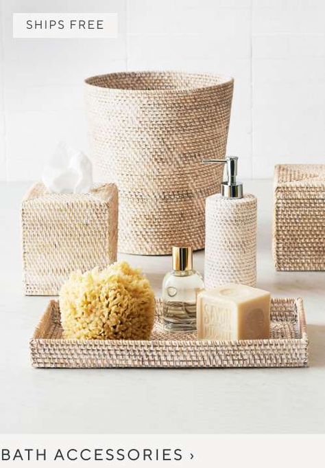 Bath Accessories Rattan Bathroom Accessories, Bathroom Counter Decor, Counter Top Accessories, Counter Decor, Organic Bath Products, Bathroom Counters, Bathroom Accessory Sets, Beachcrest Home, Cozy Apartment