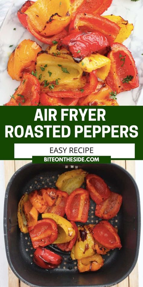 Perfect for a vegetable side dish, or add to your favorite soups, stews, salads and sandwiches, roasted bell peppers are so easy to make in the air fryer. Simple to prep and quick to cook, this is an easy way to add color and flavor to your plate. The edges get perfectly charred. Air Fryer Recipes Peppers, Ways To Eat Bell Peppers, Air Fry Bell Peppers, How To Roast Peppers In Air Fryer, Air Fryer Bell Pepper Recipes, Air Fryer Green Peppers, Bell Pepper Air Fryer Recipes, Air Fryer Roasted Vegetable Recipes, Roasting Peppers In Air Fryer