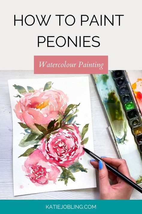 How To Paint A Peony Step By Step, Watercolor Flowers Paintings Tutorials, Katie Jobling, Peony Painting, Watercolor Flowers Tutorial, Watercolor Paintings Tutorials, Step By Step Painting, Art Business, Learn To Paint