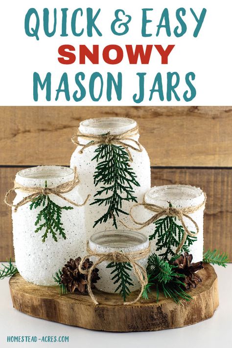 Snowy Mason Jars, Mason Jar Christmas Crafts, Mason Jar Luminaries, Mason Jar Projects, Faux Snow, Winter Craft, Diy Jar Crafts, Wine Bottle Diy Crafts, Christmas Mason Jars