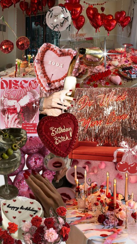 birthday party aesthetic #30thbirthday #pinkandred #birthday #birthdayparty Birthday Party Ideas February, 30 And Flirty Party Birthday Ideas, Red And Pink Bday Theme, 26 Theme Birthday, Valentines 30th Birthday, 35th Birthday Ideas For Women, Colorful 30th Birthday Party, Party Like Its 1999 Theme, Spicy Birthday Theme