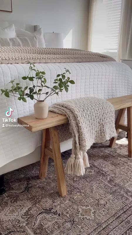 Wood bench link! #LTKhome #LTKunder50 #LTKunder100 Bench Decor Bedroom, Bed Side Bench, Wooden Bench In Bedroom, How To Style A Bench In Bedroom, How To Decorate A Bench In Bedroom, Natural Wood Bench Bedroom, Bedroom Bench Styling, Bench At End Of Queen Bed, Benches At End Of Bed