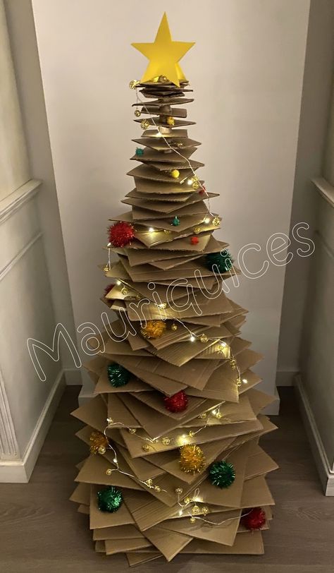 Sustainable Christmas Decorations, Recycled Christmas Decorations, Recycled Christmas Tree, Cardboard Christmas Tree, Christmas Tree Lots, Christmas Props, Paper Christmas Decorations, Creative Christmas Trees, Christmas Themes Decorations