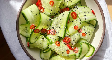 Spicy, Crunchy Sesame Cucumber Salad Summer Appetizer Recipes, Summer Appetizers, Vegan Salads, Persian Cucumber, Cold Salad, Cucumber Recipes, Summer Appetizer, Toasted Sesame Seeds, Healthy Sides