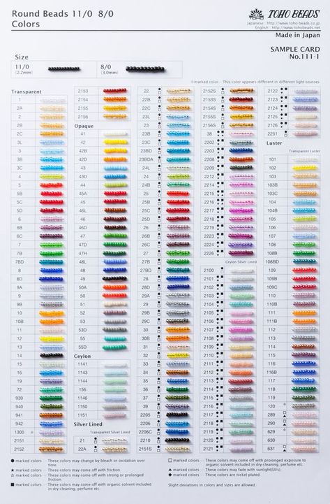 TOHO BEADS - Color charts & Durability Toho Seed Beads, Seed Bead Loom, Bead Size Chart, Organization Jewelry, Bead Loom Pattern, Bead Organization, Toho Beads, Loom Pattern, Beading Tools