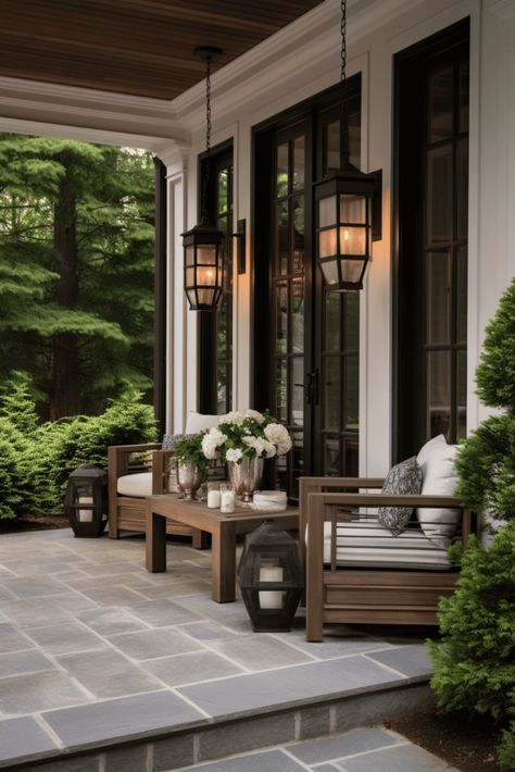 Paver Patio Front Yard, Farmhouse Modern Front Porch, Front Porch With French Doors, Mediterranean Porch Decor, Pretty Front Porch Ideas, Front Porch Lounge Ideas, Large Front Porch Furniture Ideas, English Cottage Front Porch, Black Front Porch Ideas