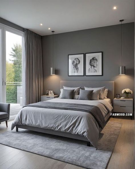 Modern Bedroom Colours, Grey Bed Frame Decor Ideas, Light Grey Bedding Ideas, Grey Bedframe Room Ideas Cozy, All Grey Bedroom, Light Grey Bed Frame Bedroom Ideas, Grey And Wood Bedroom Ideas, Grey Wood Bedroom, Warm Grey Bedroom