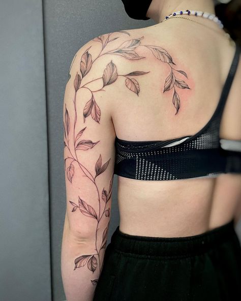 Shoulder Arm Vine Tattoo, Leave Tattoo Sleeve, Upper Arm Tattoos For Women Vines, Vine Up The Arm Tattoo, Leaves Arm Tattoos For Women, Sleeve Leaves Tattoo, Wrap Leaf Tattoo Arm, Leaves Upper Arm Tattoo, Back Of Arm Shoulder Tattoo