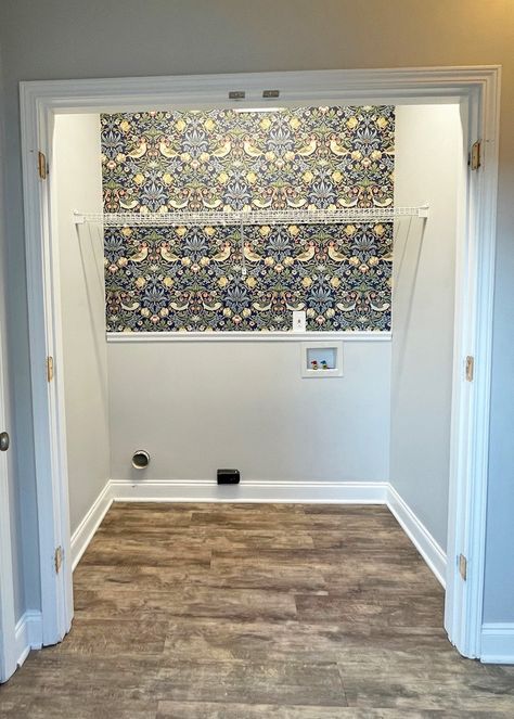 No Door Laundry Closet, Laundry Closet With Wallpaper, Easy Laundry Closet Makeover, Door Ideas For Laundry Closet, Curtains Over Laundry Closet, Wallpapered Laundry Closet, Renter Friendly Laundry Closet, Small Laundry Room Door Ideas Closet, Laundry Closet No Doors