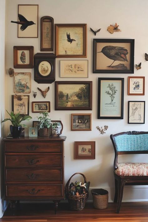 "Curate a Vintage-Inspired DIY Gallery Wall! 🖼️✨ Mix and match frames and artwork for a timeless, eclectic look. Perfect for adding character and charm to your home! 🏡🌟 #GalleryWall #VintageDecor #DIYProjects" Diy Gallery Wall Frames, Things To Put In Picture Frames, Random Picture Frames On The Wall, Vintage Gallery Wall Around Tv, Earthy Eclectic Interior Design, Ceiling To Floor Gallery Wall, Gallery Wall Above Mantle, Mirror And Art Gallery Wall, Vintage Frames Gallery Wall