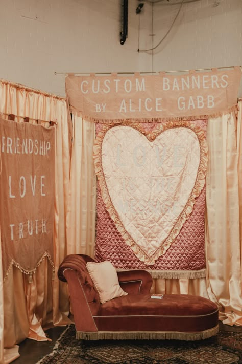 Custom velvet banners by Alice Gabb Shown at Most Curious Wedding Fair 2020 Photo by Matilda Delves Photo Banner Ideas, Wedding Pennant, Paper Wedding Decorations, Vintage Backdrop, Vintage Banner, Heart Banner, Custom Banner, Heart Photo, Wedding Fair