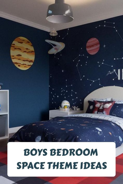 Boys Bedroom Space Theme Ideas Space Aesthetic Bedroom Ideas, Space Decorations Galaxy Theme Bedrooms, Boys Space Theme Bedroom, Boys Room Space Theme, Boys Blue Bedroom Ideas, Space Bedroom Boys, Space Room For Boys, Bedroom Space Theme, Cosmic Decor