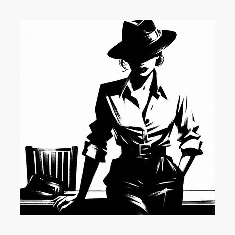 Get my art printed on awesome products. Support me at Redbubble #RBandME: https://www.redbubble.com/i/photographic-print/Noir-Crime-Black-and-White-Woman-by-RESToRAPTOR/157688041.6Q0TX?asc=u Noir Aesthetic Women, Female Spy Art, Female Detective Art, Black Hat Aesthetic, Black And White Comic Art, Detective Noir, Noir Illustration, Noir Aesthetic, Noir Detective