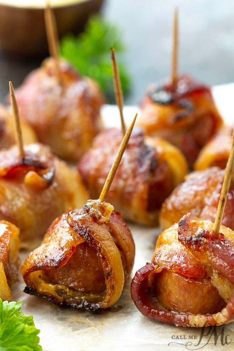 Bacon Wrapped Sausage Bites are a game day, party must-have, or easy meal prep meal that’s packed with protein and flavor. Bacon Wrapped Water Chestnuts, Bacon Wrapped Sausages, Sausage Bites, Sausage Appetizers, Sausage Wrap, Game Day Party, Food On Sticks, Bacon Sausage, Easy Meal Ideas