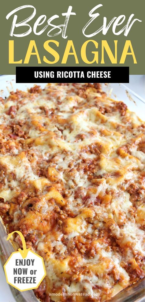 dish of homemade lasagna with text that says best ever homemade lasagna enjoy now or freeze Easy Lasagna Recipe With Ricotta, Lasagna With Ricotta Cheese, Cheese Lasagna Recipe, Homemade Lasagna Recipe, Easy Homemade Lasagna, Beef Lasagna Recipe, Lasagna With Ricotta, Homemade Lasagna Recipes, Lasagna Recipe With Ricotta