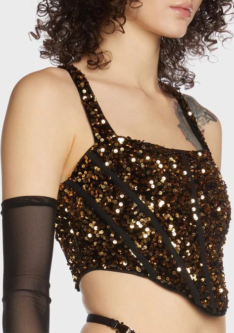 Glove Top, Sequin Corset, Gold Crop Top, Gold Sequin Top, Mesh Gloves, Modern Womens Fashion, Mesh Jacket, Punk Boots, Clubbing Outfits