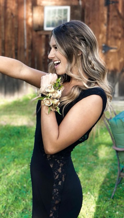 Simple Braid Prom Hair, Curled Hair Down With Braid, Curled Prom Hair With Braid, Easy Prom Hairstyles Down, Prom Hair Down Styles, Down Prom Hairstyles For Medium Hair, Easy Prom Hairstyles To Do Yourself Down, Curls With A Braid On The Side, Prom Hair Simple Down