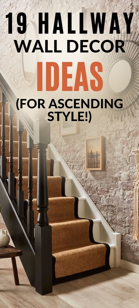 19 hallway wall decor ideas for ascending style, wooden flooring with black bannister and cream carpet stair runner with black border, the wall decor featuring a series of frames and round mirrors on ascending on the stairs. Wall Design For Staircase, Idea For Stairs Wall, Basement Stairs Decorating Ideas, Wall Decor Stairs Stairways, Ideas For Upstairs Landing Area, Beautiful Entrance Halls, Big Stairway Wall Decor Ideas, Big Wall Stair Decor Ideas, Unique Stairway Wall Decor