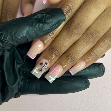 Short Nails With Cross, Cross Nails, Tapered Square Nails, Acrylic Nail Set, Colored Acrylic Nails, Girly Acrylic Nails, French Tip Acrylic Nails, Simple Acrylic Nails, Short Square Acrylic Nails