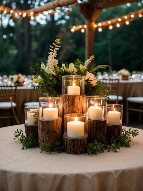 Charming Outdoor Rustic Wedding Reception Decor Ideas Wedding With Wood Decor, Woods Wedding Decorations, Elegant And Rustic Wedding Decorations, Wood Log Centerpiece, Outdoor Wedding Reception Centerpieces, Rustic Whimsical Wedding Decor, River Theme Wedding, Fall Outdoor Reception Ideas, Hunting Wedding Centerpieces