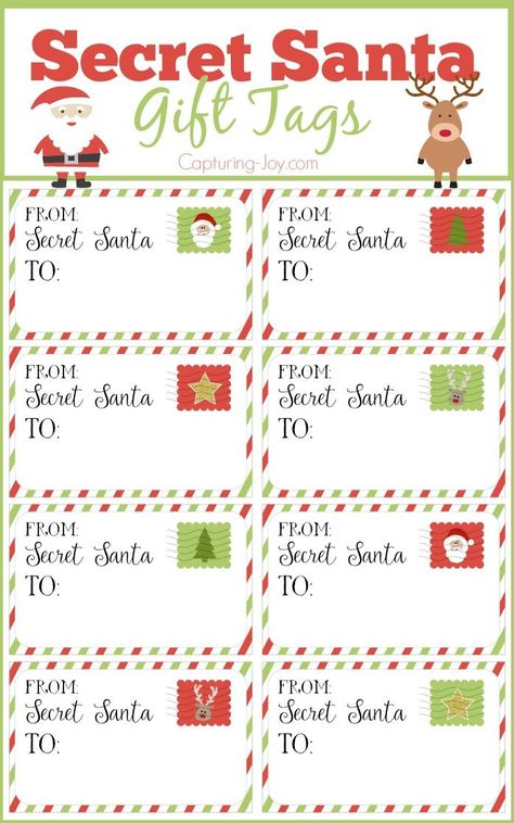 Secret Santa Gift Tags for Christmas and tips for an effective gift exchange!  Free printables on Capturing-Joy.com Secret Santa Note, Secret Santa Gift Tags, Secret Santa Templates, Santa Gift Tags Printable, 10 Secret Santa Gifts, Santa Label, Santa Notes, Funny Secret Santa Gifts, Best Secret Santa Gifts