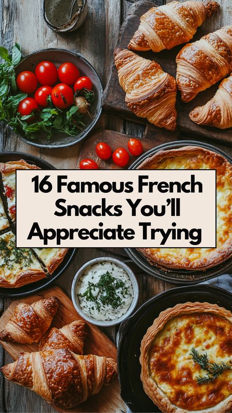 An assortment of famous French snacks, including croissants and quiche, arranged on a rustic wooden table. French Style Picnic, French Themed Appetizers, France Themed Party Food, French Party Food Ideas, French Inspired Party Food, French Snacks For Kids, French Foods For Party, French Inspired Appetizers, French Appetizer Recipes