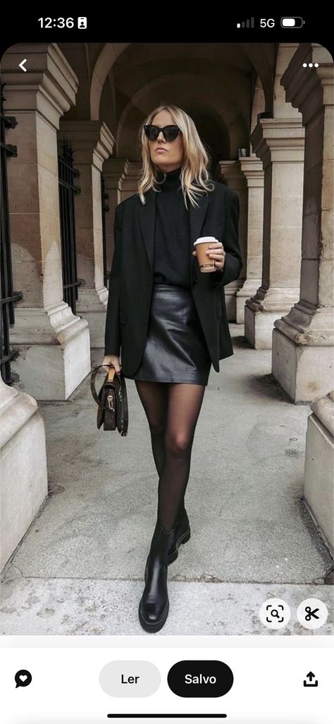 Night Out Autumn Outfit, All Black Evening Outfit, Mums Night Out Outfits, Rockettes Outfit Ideas, Black Leather Skirt Christmas Outfit, Michelin Star Restaurant Outfit, Outfit For Art Exhibition, Black In Black Outfits, Chealse Boot Outfit Women Skirt