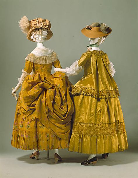 Met; 1778, polonaise and pet en l'air ensembles, French 1770s Fashion, 18th Century Dresses, 1700 Fashion, 18th Century Women, 18th Century Dress, Rococo Fashion, 18th Century Costume, 18th Century Clothing, Yellow Dresses