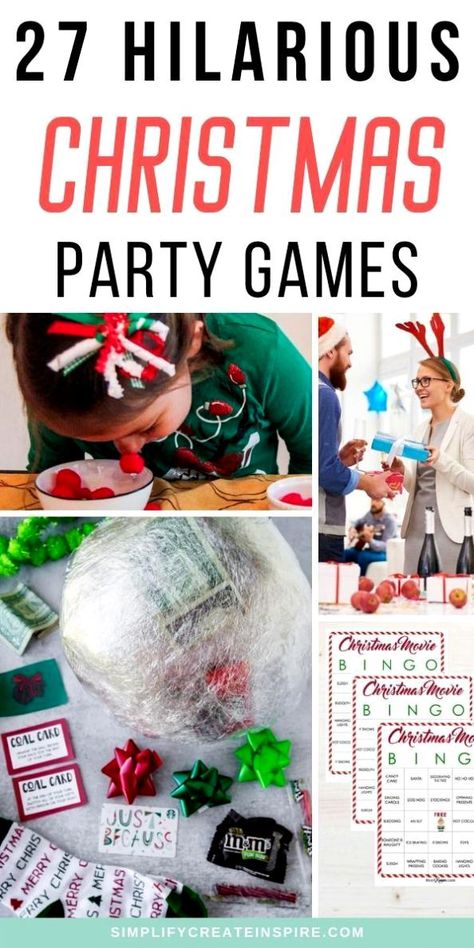 Hilarious Fun Christmas Party Games For All Ages These Christmas party games for adults, kids, work parties and more are sure to add some extra laughs to your festive party fun. Includes Christmas games to play with family or friends and printable Christmas games as well. Family Christmas Party Games, Christmas Party Games For Groups, Christmas Eve Games, Christmas Games To Play, Fun Family Christmas Games, Christmas Party Games For Kids, Christmas Gift Games, Party Games For Kids, Christmas Party Activities