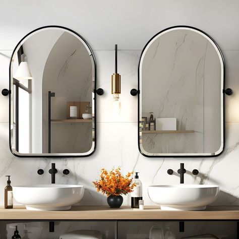 Gold Bathroom Mirror Black Faucet, Black Bathroom Vanity Mirror Ideas, Bathroom With 2 Mirrors Master Bath, Frameless Bathroom Mirror Ideas, Arched Mirror In Bathroom, Oval Bathroom Mirrors, Double Sink Bathroom Vanity Mirror Ideas, Chrome And Black Bathroom Fixtures, Master Bath Mirror Ideas