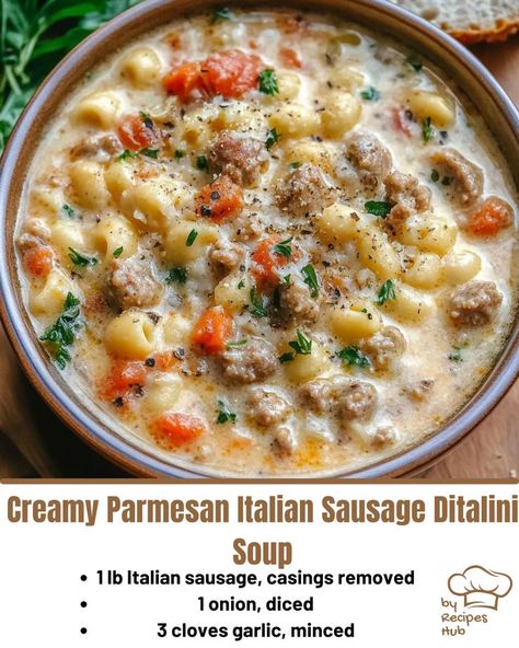 Creamy Parmesan Italian Sausage Ditalini Soup Ditalini Soup, Sausage Soup Recipes, Ditalini Pasta, Italian Sausage Soup, Soup Ingredients, Italian Sausage Recipes, Beef Sausage, Italian Soup, Creamy Parmesan