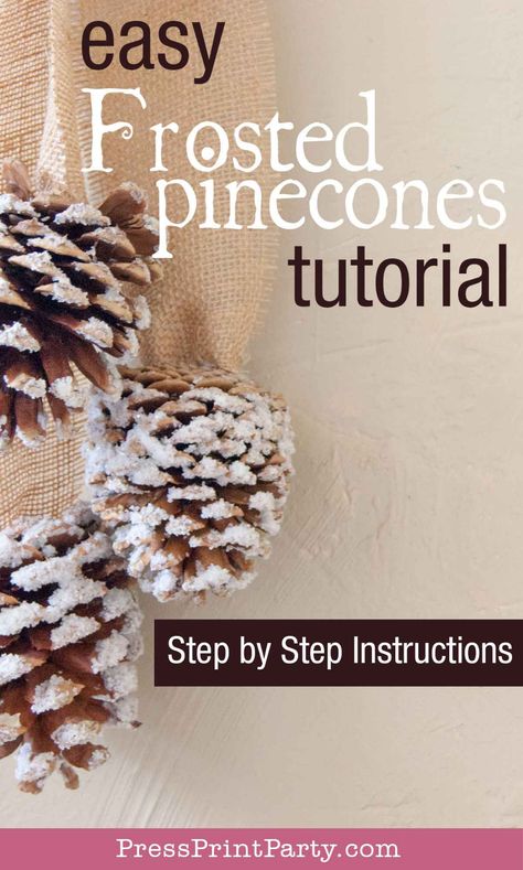 How to frost pinecones for Christmas decorations. In this easy tutorial, I will show you, not only how to frost the pinecones, but also a pretty and simple way to hang them. . Add your frosted pinecones to Christmas wreaths or just hand them as pretty and smell good decor. DIY with glue and Epsom salt and more. Learn how to make frosted pinecones with this almost free and elegant DIY Christmas decoration. Full Christmas craft tutorial with Epsom salts & craft glue. Press Print Party! Decorating Pinecones For Christmas, How To Frost Pinecones, Decorating With Pinecones For Christmas, Borax Pinecones, Christmas Pinecone Wreaths, Glitter Pinecones Diy, How To Flock A Wreath, How To Bleach Pinecones Diy, Frosting Pinecones