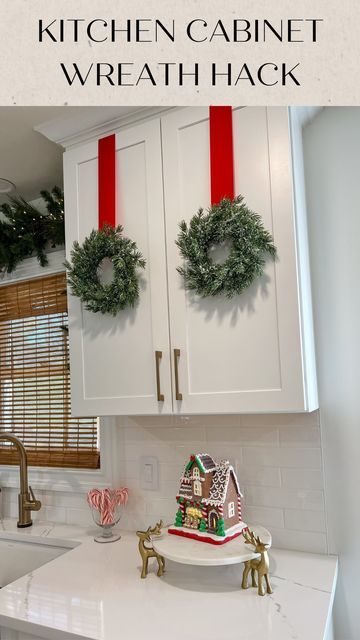 Christmas Wreath For Kitchen Cabinets, Small Christmas Wreaths For Kitchen Cabinets, Ribbon On Kitchen Cabinets, Cabinet Door Wreaths Christmas, Wreath On Cabinet Door Kitchen, Wreath For Kitchen Cabinets, Top Of Kitchen Cabinet Christmas Decor, Kitchen Cabinet Holiday Decor, Bow On Cabinets