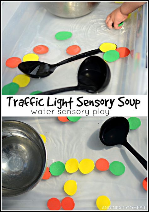 Traffic light inspired water sensory activity for kids from And Next Comes L Transportation Art Activities, Transportation Fine Motor Activities, Transportation Fine Motor, Community Helpers Sensory, Water Sensory Play, Community Helpers Activity, Preschool Transportation, Transportation Preschool Activities, Transportation Theme Preschool