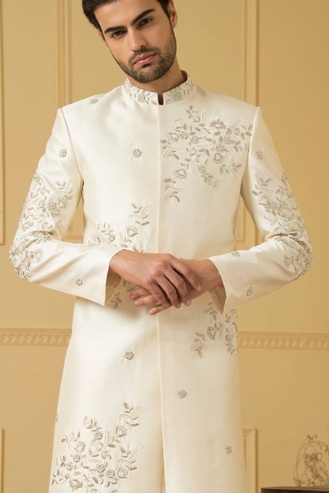 Buy White Dupion Silk Hand Embroidered Pearl Crema Zardozi Sherwani For Men by Hilo Design Online at Aza Fashions. Raw Silk Pants, Embroidery Pearls, Embroidered Sherwani, Zardozi Work, Sherwani For Men, Men Cream, Dupion Silk, Zari Work, Silk Pants