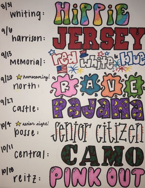 Cheerblock Theme Ideas, Student Section Dress Up Themes, End Of The Year Spirit Week, Homecoming Spirt Week Ideas, Highschool Homecoming Themes, Spirit Section Themes, Candyland Spirit Week Ideas, Dress Up Day Themes For School, Asb Spirit Days