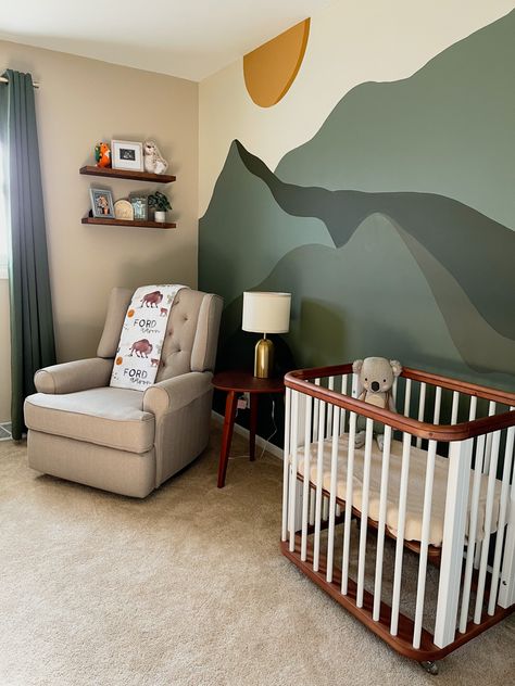 Mountain Mural Painting, Mountain Woodland Nursery, Modern Forest Nursery, Dry Wall Alternatives, Outdoorsy Themed Nursery, Mountains Nursery Theme, Woodlands Nursery Boy, Outdoorsy Bedroom Ideas, Baby Boy Nursery Outdoor Theme