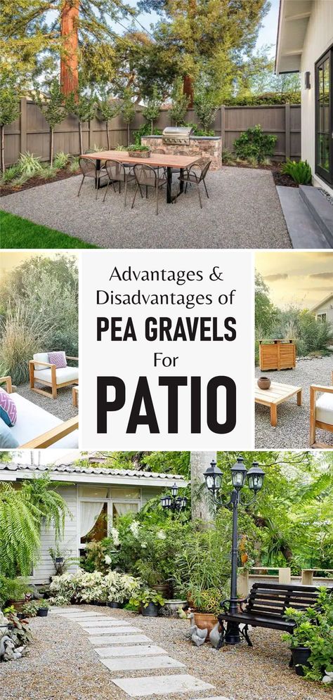 Pea Gravel Patio Diy Landscape Design, Patio Stones With Pea Gravel, Backyard Patio Gravel, Pea Gravel Small Backyard, Pebbled Patio Ideas, Back Garden Gravel Ideas, Backyard Ideas With Gravel, Pebble Outdoor Area, Garden Ideas With Gravel